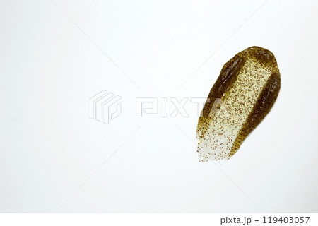 Smears of body scrub on white background. Fruit and berry body scrub texture of the swatch. Cosmetic smear 119403057