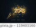 Golden 2025 numbers party popper cone and confetti 119403160