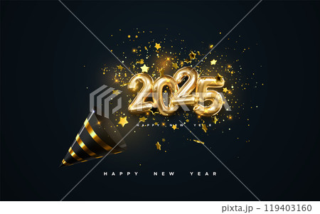 Golden 2025 numbers party popper cone and confetti 119403160