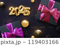 Black gift boxes with pink bow and golden glitters 119403166