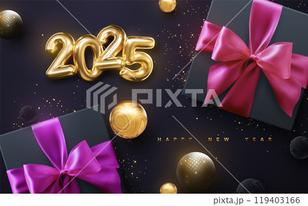 Black gift boxes with pink bow and golden glitters 119403166