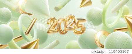 Happy New 2025 Year. Holiday vector illustration golden numbers 2025 and abstract geometric 3d shapes. Happy New 2025 Year. Holiday vector illustration golden numbers 2025 and abstract geometric 3d shapes. 119403167