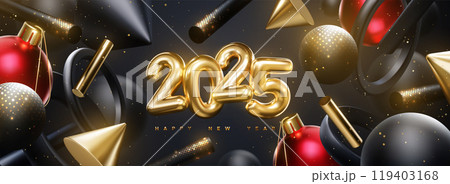 Merry Christmas and Happy New Year. Golden 2025 numbers with Christmas ball Merry Christmas and Happy New Year. Golden 2025 numbers with Christmas ball 119403168