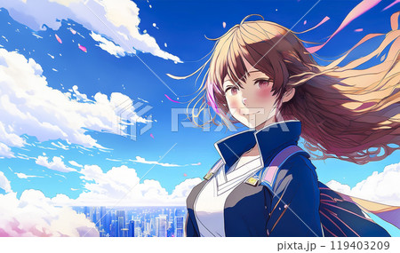 笑顔の女性のイメージ素材　青空と都市背景 119403209