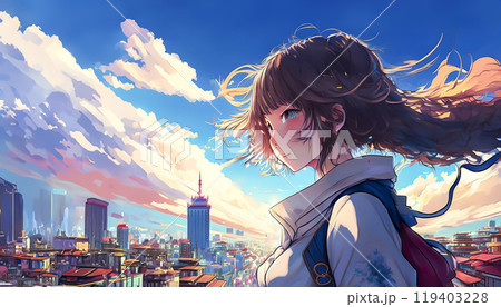 都市を眺める女性のイメージ素材　横顔　夕焼けと都市背景 119403228