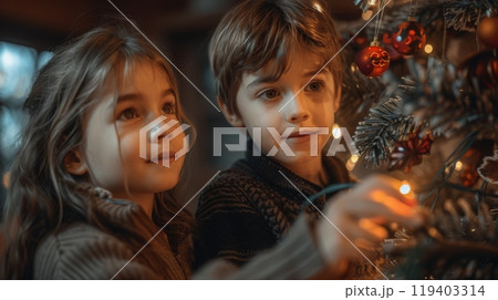 Halloween, the spookiest day of the year. A scene of children excitedly decorating the Christmas tree with Halloween ornaments, their creativity and joy evident in their actions. 119403314
