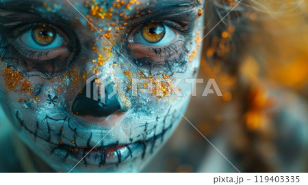 Halloween, the spookiest day of the year. A close-up shot of a child's face being transformed into a spooky character with makeup, their eyes wide with wonder and excitement Halloween, the spookiest day of the year. A close-up shot of a child's face being transformed into a spooky character with makeup, their eyes wide with wonder and excitement 119403335