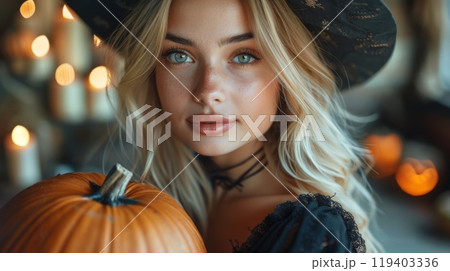 Halloween, the spookiest day of the year. A beautiful witch with blonde hair holding an orange pumpkin, dressed in black attire and wearing a large hat Halloween, the spookiest day of the year. A beautiful witch with blonde hair holding an orange pumpkin, dressed in black attire and wearing a large hat 119403336