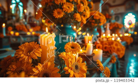 Hispanic Heritage Month . A close-up shot of a Hispanic family's altar de muertos (ofrenda), adorned with photos, candles, and personal mementos, honoring their ancestors and celebrating their legacy. 119403342