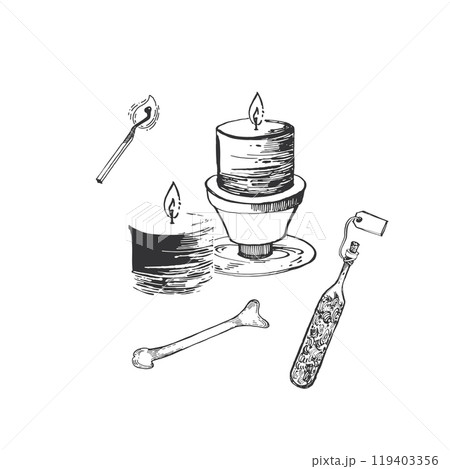 Candles on candlesticks, a burning match, dice for fortune telling, a potion in a bottle. A set for witchcraft and magic. Illustration for Halloween. All objects are hand-drawn with ink. For printing. 119403356