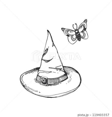 Witch hat and night butterfly for Halloween, hand drawn in black ink and transferred to vector. Vector illustration for Halloween. Suitable for printing on fabric, cards, invitations for Halloween. 119403357