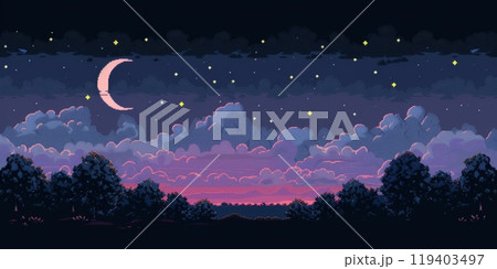 Pixel Art Night Sky with Crescent Moon. Retro Pixeled Nighttime Landscape 119403497