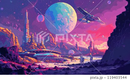 Futuristic Space Colony on Alien Planet. Pixel Art of Sci-Fi Space Settlement 119403544