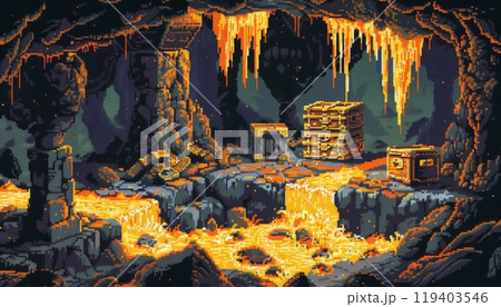 Pixelated Cave with Treasure Chests. Fantasy Pixel Art of Dungeon Adventure with Hidden Treasures 119403546