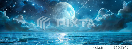 Moon With Clouds And Starry Sky Over Sparkling Blue Water with Lunar Reflection 119403547