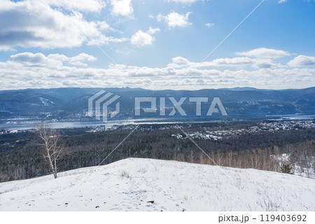 Unfrozen Yenisei river in Siberia, does not freeze in winter. Natural landscape 119403692