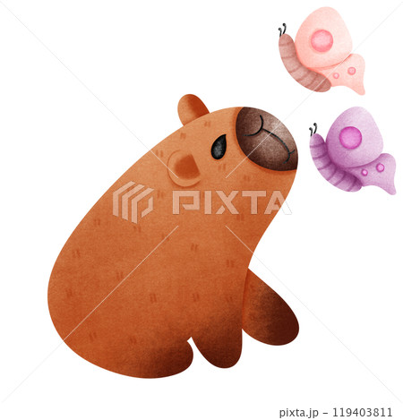 Capybara with pink and purple butterflies 119403811