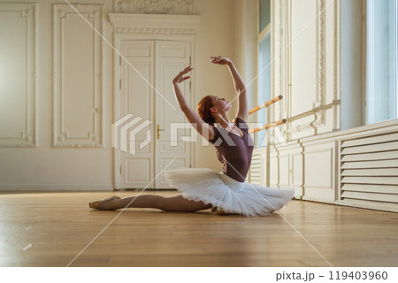 Young ballerina in tutu skirt stretching practicing ballet positions dancing in dance class. Young classical dancer woman in dance studio. Ballet class training Ballet school concept 119403960