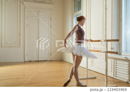 Young ballerina in tutu skirt stretching practicing ballet positions dancing near ballet barre in dance class. Young classical dancer woman in dance studio. Ballet class training Ballet school concept 119403969