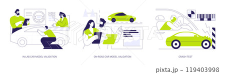 Automobile safety testing abstract concept vector illustrations. Automobile safety testing abstract concept vector illustrations. 119403998