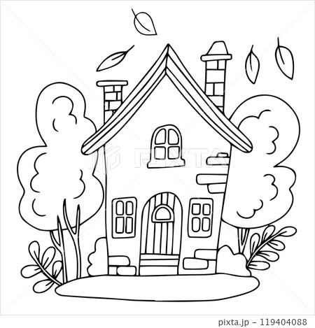 cute fairytale house. cozy autumn landscape, doodle coloring book cute fairytale house. cozy autumn landscape, doodle coloring book 119404088