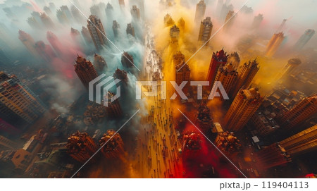 A bird's eye view of a Holi festival, with people dancing and creating a sea of colors. Abstract style, with a focus on shapes and patterns. 119404113