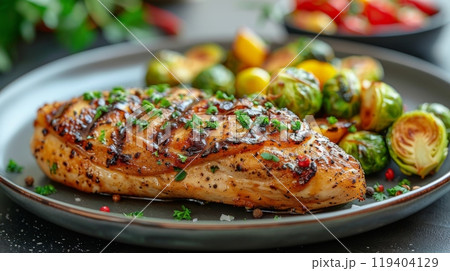 Autumn or fall season. Sweet and Savory Combinations. plate of roasted chicken with side of maple-glazed Brussels sprouts, showcasing harmonious balance of sweet and savory flavors in autumn cuisine. 119404129