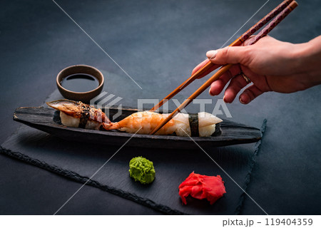 Sushi sashimi set closeup Sushi sashimi set closeup 119404359