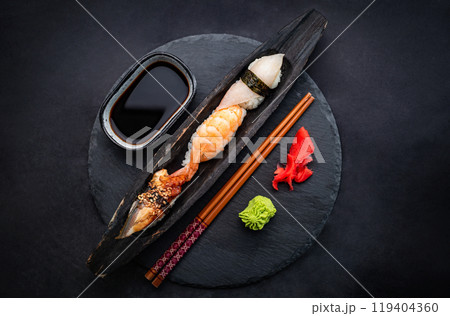 Sushi sashimi set closeup Sushi sashimi set closeup 119404360