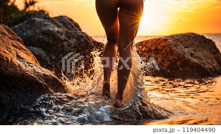 Latin woman in a vibrant orange bikini back view jumping off a rock into 119404490