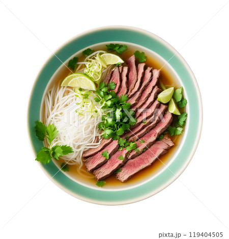 Pho a fragrant Vietnamese beef broth with rice noodles thinly sliced beef and aromatic herbs Pho a fragrant Vietnamese beef broth with rice noodles thinly sliced beef and aromatic herbs 119404505