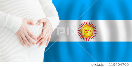 Demographics, pregnancy and love baby in Argentina concept. Pregnant woman making heart  119404709