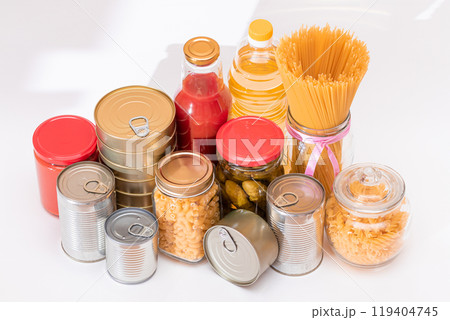 Food Reserves: Canned Food, Spaghetti, Pate, Tuna, Tomato Juice, Pasta, Fish and Grocery 119404745