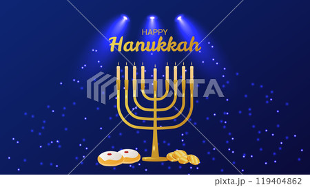 Hanukkah Jewish holiday sign of spiritual rebirth. Radiance and brilliance. Victory light over darkness. Memory of miracle. Design invitation card postcard poster. Vector illustration. 119404862