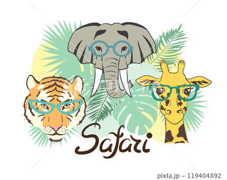 Vector Safari illustration with animals - elephant, tiger, giraffe 119404892