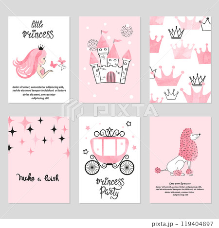 Baby shower card set. Watercolor invitation cards design for baby shower party. Little princess illustration Baby shower card set. Watercolor invitation cards design for baby shower party. Little princess illustration 119404897