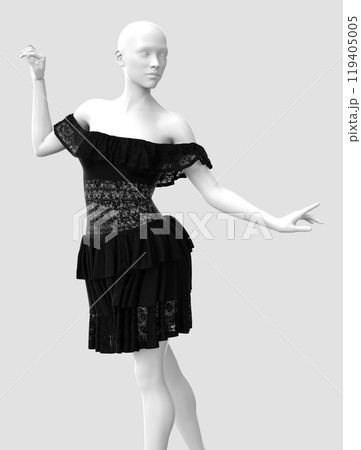 Black Lace Ruffle Dress on Mannequin 3D Render 119405005