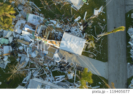 Badly damaged mobile homes after hurricane Ian in Florida residential area. Consequences of natural disaster 119405077