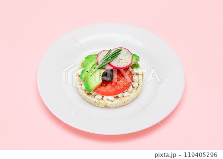 Rice Cake Sandwich with Avocado, Tomato, Cottage Cheese, Olives and Radish Rice Cake Sandwich with Avocado, Tomato, Cottage Cheese, Olives and Radish 119405296