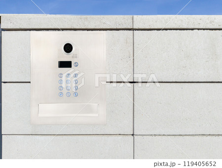 Security keypad and camera on concrete wall Security keypad and camera on concrete wall 119405652