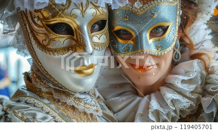 attending the Venice Carnival in Italy, witnessing the elaborate masks, intricate costumes, and romantic atmosphere 119405701