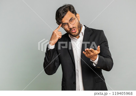 Confused business man pointing at camera showing stupid asking for insane crazy bad plan, bullying 119405968