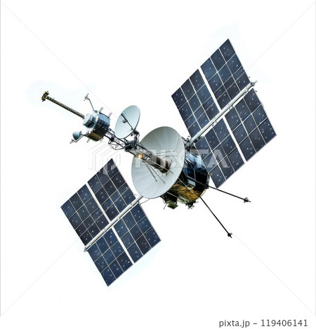 Satellite With Solar Panels and Antenna for Space Communication 119406141