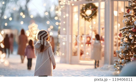 Charming Holiday Walk in Snowy Village with Festive Storefront Decorations 119406811
