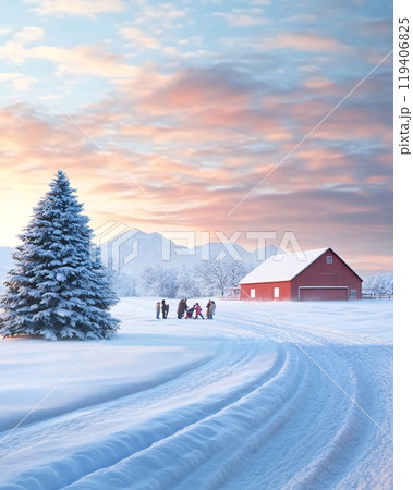 Family Enjoying a Scenic Winter Wonderland at a Christmas Tree Farm 119406825
