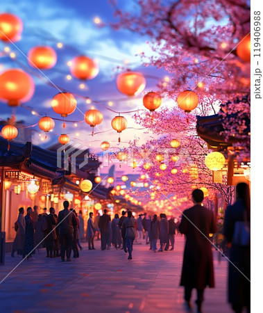 Nighttime Festival with Diverse People Enjoying Lanterns and Cherry Blossoms 119406988