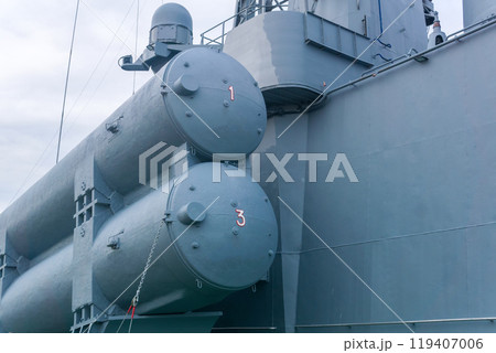 naval military background, concept, fragment of a modern warship with missile launcher containers naval military background, concept, fragment of a modern warship with missile launcher containers 119407006