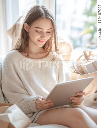 Young Woman Enjoying Leisure Time on Sofa with Tablet and Gift Boxes Young Woman Enjoying Leisure Time on Sofa with Tablet and Gift Boxes 119407095