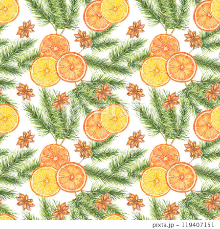 Green spruce or Pine branches, bright oranges, and star anise. Watercolor seamless pattern clipart. Perfect for winter textiles, packaging designs, and seasonal branding for food or home decor 119407151