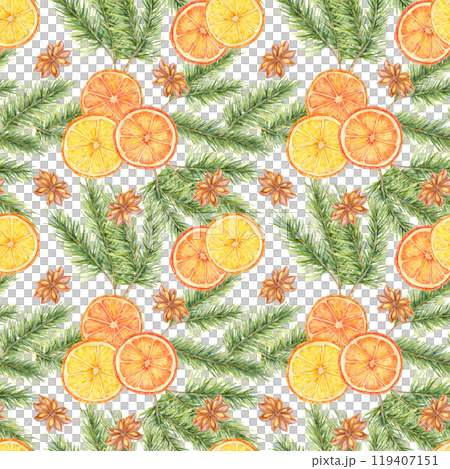 Green spruce or Pine branches, bright oranges, and star anise. Watercolor seamless pattern clipart. Perfect for winter textiles, packaging designs, and seasonal branding for food or home decor Green spruce or Pine branches, bright oranges, and star anise. Watercolor seamless pattern clipart. Perfect for winter textiles, packaging designs, and seasonal branding for food or home decor 119407151